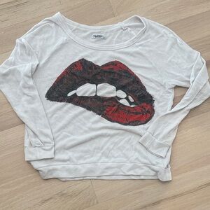 Lauren Moshi White Long Sleeve Tee with Red & Black Lip Graphic